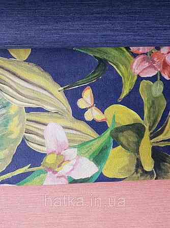 Шпалери вінілові Decoprint Breeze листя метелики квіти орхідеї лілії червоні бузкові на синьому 0.53х10 м Київ