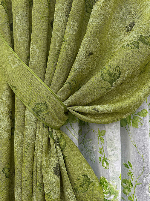 Комплект штор VR-Textil Лен Прованс 100х270 2шт и Тюль 300х270 2077ш-1264т Оливковый с белым 71-210/1 Киев - изображение 4