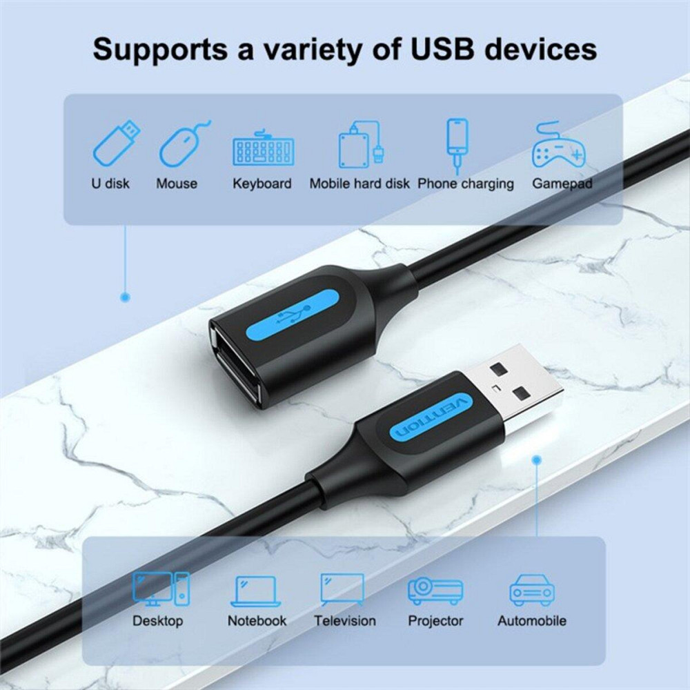 Кабель Vention USB 2.0 A "тато" - A "мама" Extension Cable 1.5M black PVC Type CBIBG Одеса - фото 7