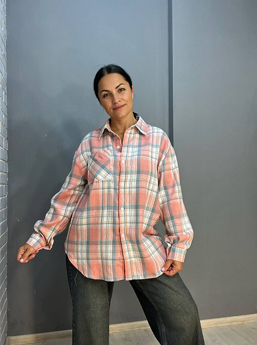 Сорочка жіноча Baoyu 225 картата оверсайз фланель подовжена спинка one size, рожевий, one size Одеса - фото 4