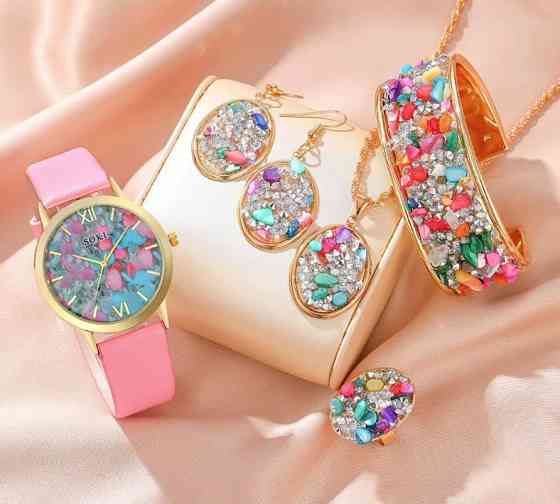 Жіночий подарунковий набір Color Crystal годинник браслет кольє сережки каблучка рожевий Київ