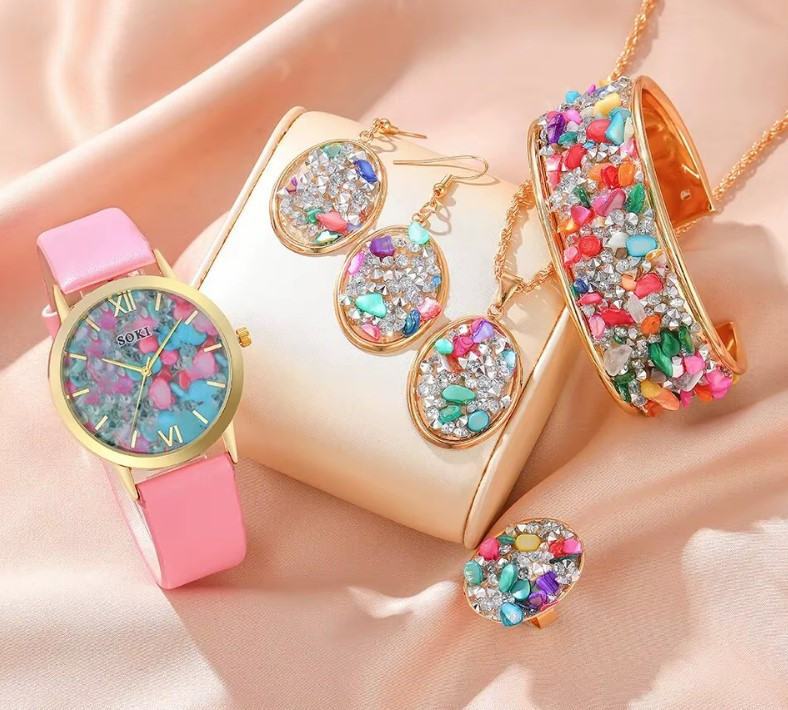 Жіночий подарунковий набір Color Crystal годинник браслет кольє сережки каблучка рожевий Київ - фото 1
