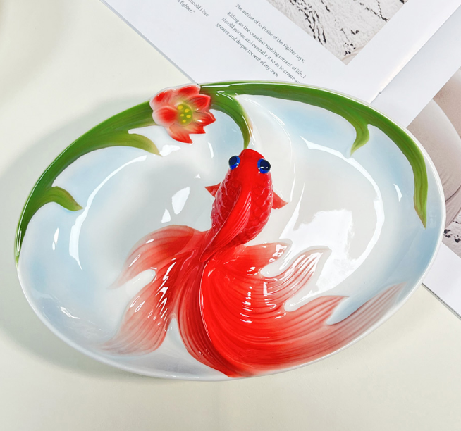 Менажница на 2 секции Золотая рыбка с лотосом 22,5 см китайский лепной костяной фарфор Кременчуг - изображение 4