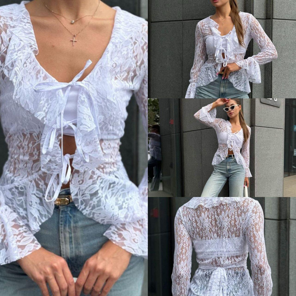 Женская нежная кружевная блузка на завязках из турецкого гипюра 44 Одесса - изображение 1