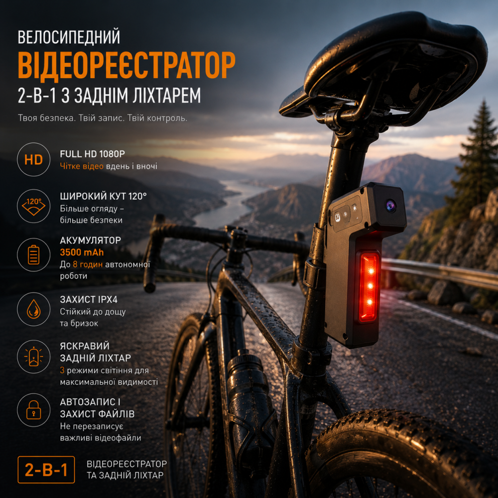 Велосипедный видеорегистратор 2-в-1 с задним LED-фонарем Full HD 1080P, 3500 мАч, угол обзора 120°, IPX4, поддержка MicroSD до 128 Киев - изображение 9