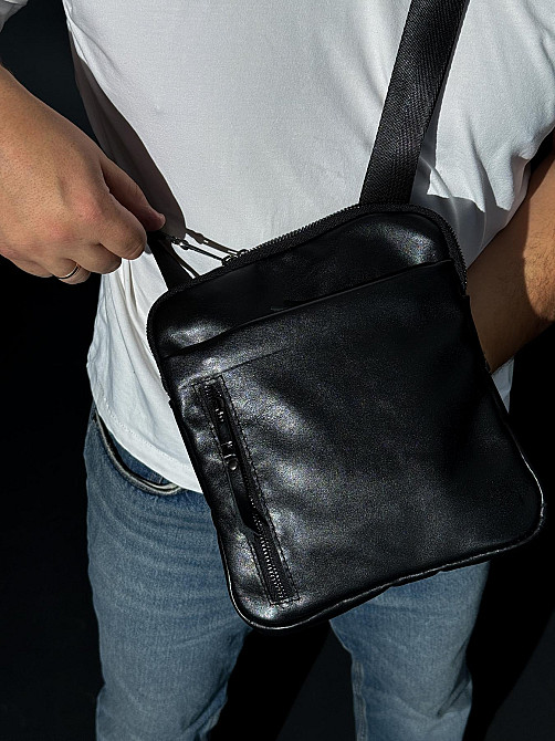 Сумка-мессенджер из натуральной гладкой кожи, сумка через плечо мужская SKILL (Черная) Сумы - изображение 2