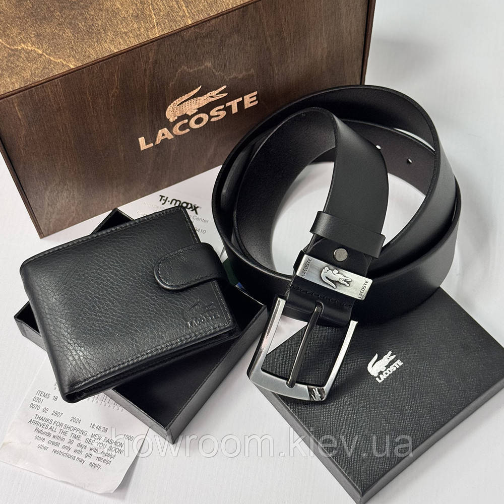 Чоловічий подарунковий набір портмоне та ремінь у дерев'яній коробці Lacoste (983) Київ - фото 9