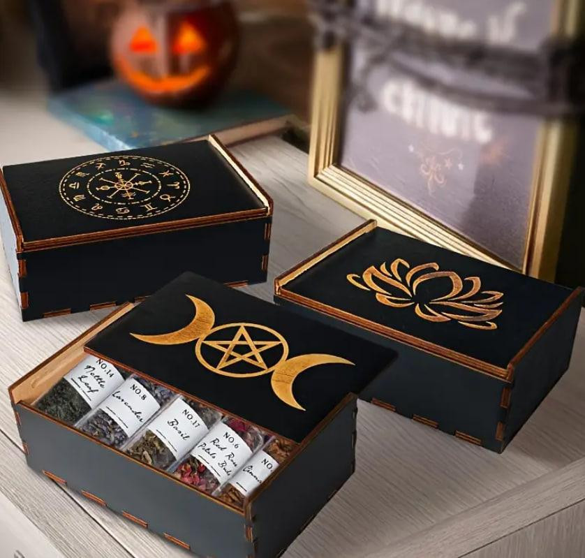 Деревянная коробка для хранения Таро с Пентаграммой и Полумесяцами – портативный контейнер для карт  Киев - изображение 2
