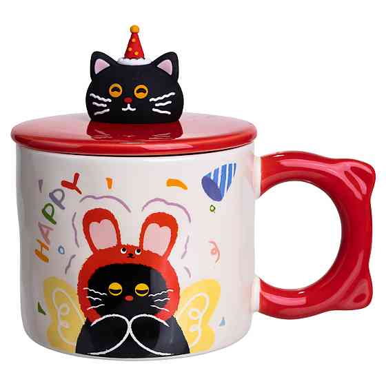 Кубок порцелянова з кришкою Kitten's Birthday 400 (мл) подарункова кружка прикольна чашка для дітей на подарунок Червоний FM-24D Коломия