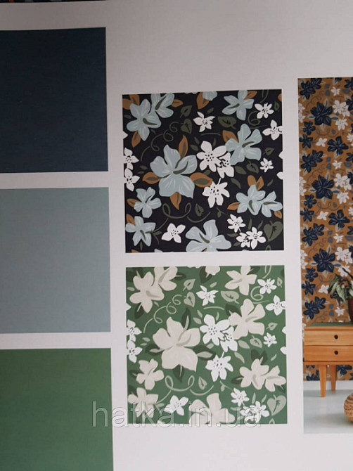 Шпалери вінілові Lutece Bensimon квіти листя білі сірі бежеві на зеленому Київ - фото 1