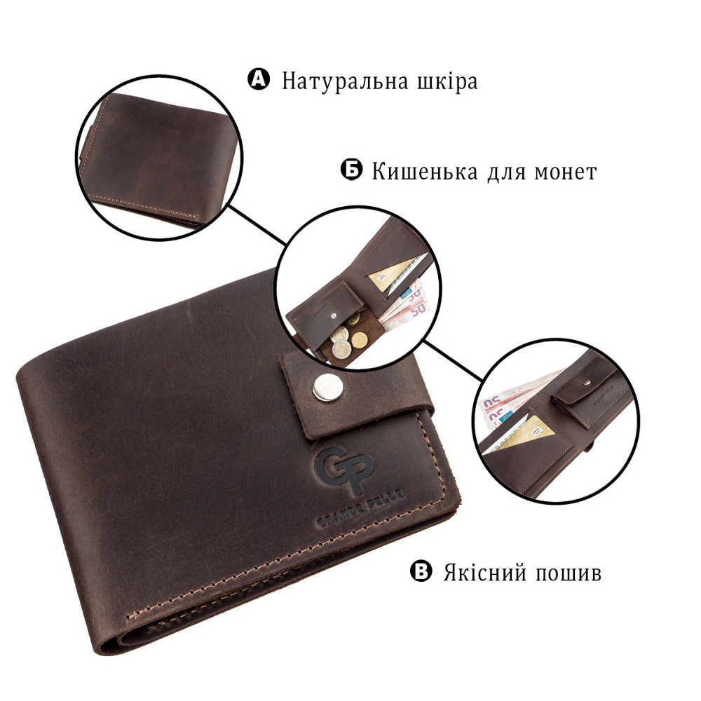 Надежное мужское портмоне в винтажном стиле GRANDE PELLE 11229 Коричневое Киев - изображение 3