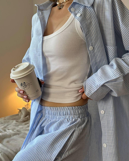 Женский стильный повседневный костм двойка лен- коттон полоска Голубой, 46/48 Одесса - изображение 4