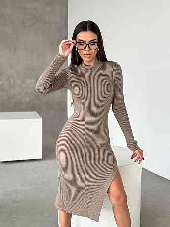 Женское романтическое вязаное платье в длине меди двойная вязка акрил+шерсть Беж Одесса