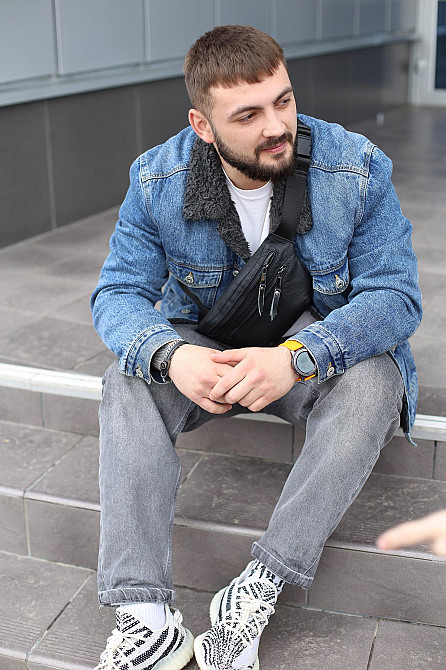 Бананка із натуральної шкіри, шкіряна сумка на пояс SKILL Two Line (Чорна) Суми - фото 7