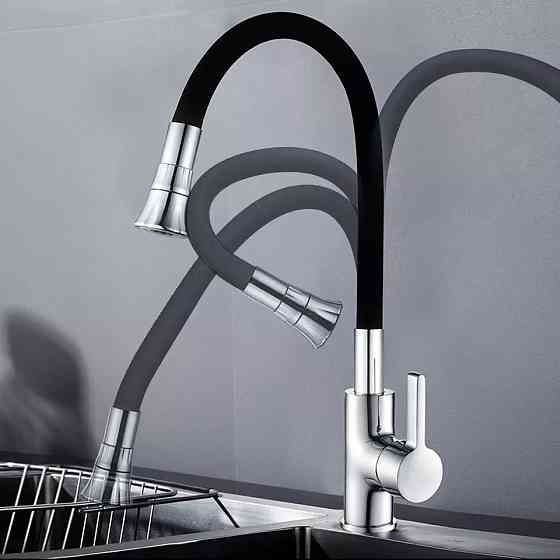 Смеситель кухонный с гибким изливом, однорычажный кран для раковины с аэратором WanFan Черный-Хром Каменец-Подольский