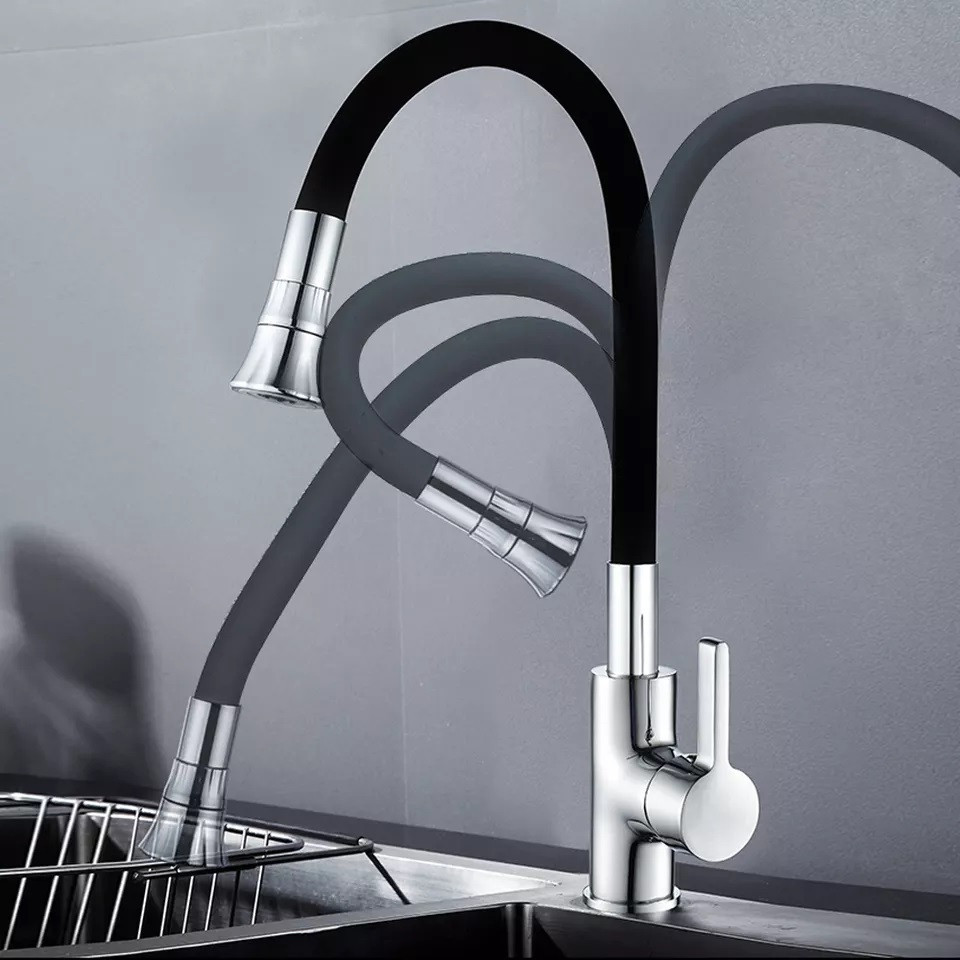 Смеситель кухонный с гибким изливом, однорычажный кран для раковины с аэратором WanFan Черный-Хром Каменец-Подольский - изображение 3