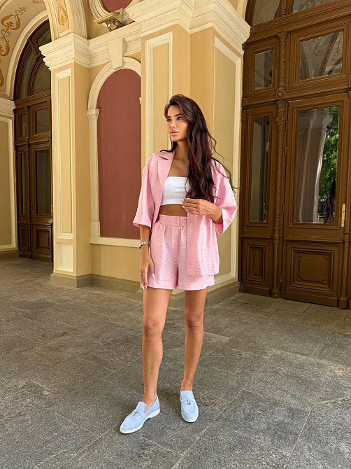Жіночий літній базовий костюм: шорти + сорочка вільного крою льон бохо Рожевий, 46/48 Одеса - фото 19