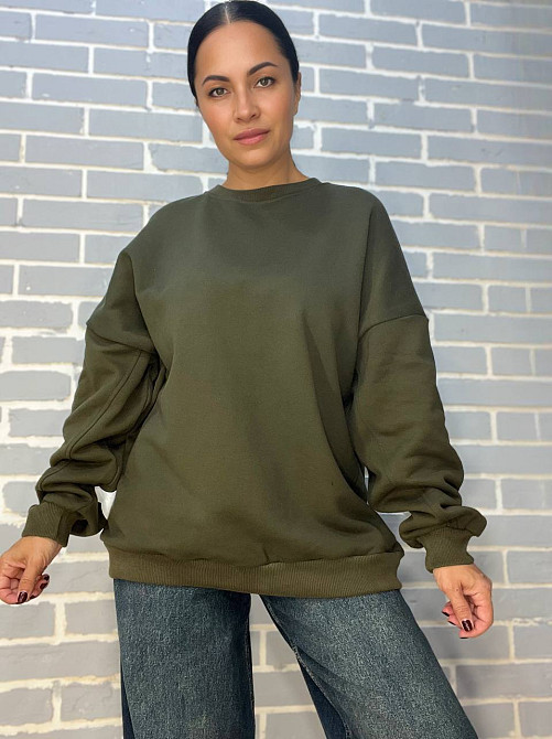 Свитшот женский DAVRAS 6000 оверсайз удлиненный надпись на спине PLEASED утепленный на флисе one size, зеленый, one size Киев - изображение 1