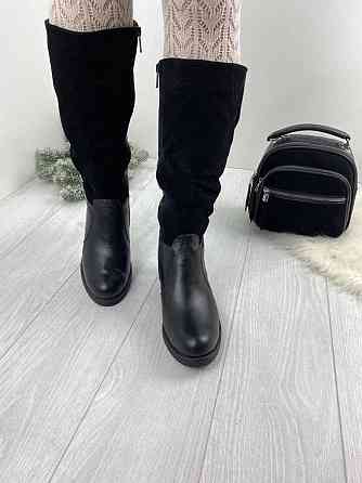 Чоботи жіночі ARLETT чорні шкіра+замша з натуральним хутром висота 34см каблук 6см (5339) Коломыя