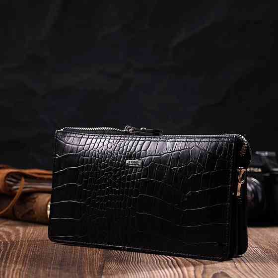 Клатч чоловічий на два відділення з натуральної шкіри з тисненням під крокодила Чорний (BOND) Київ