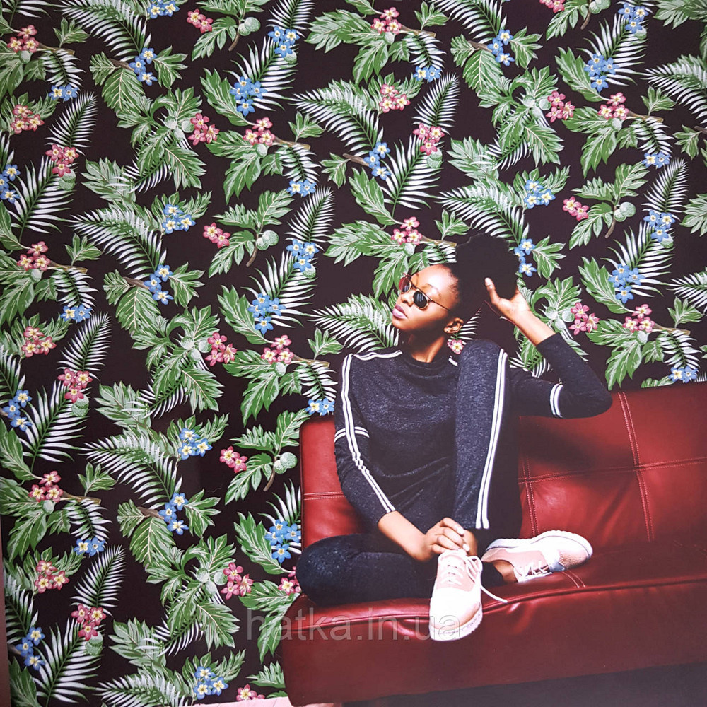 Обои метровые винил на флизелине Decowall Retro цветы красные голубые листья папоротника зеленые на черном Киев - изображение 1