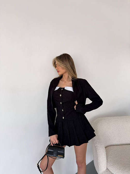 Жіночий стильний костюм-трійка: піджак, корсет і спідниця вельвет Чорний, 42/44 Одеса - фото 2