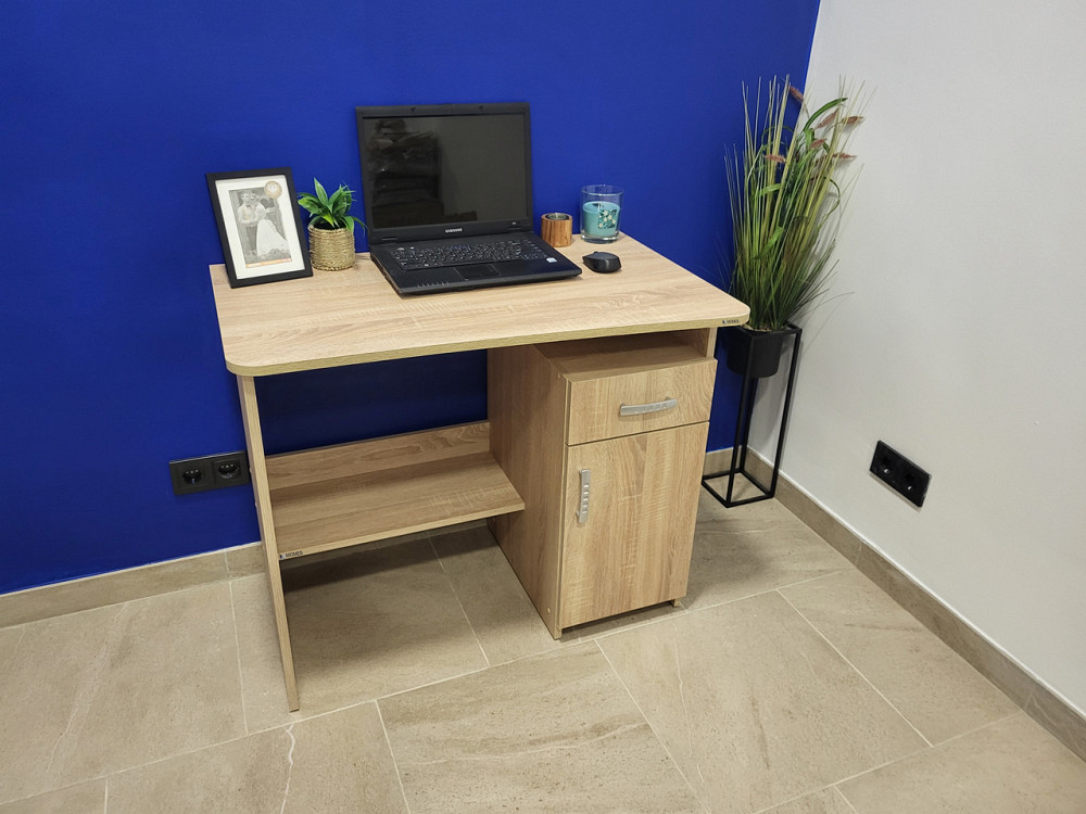 Маленький рабочий письменный стол 90 см с тумбой и ящиком для школьника подростка студента Дуб Сонома Львов - изображение 1