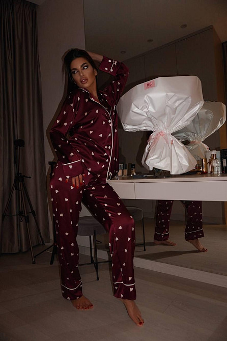 Женская пижама двойка с сердечками из шелка армани Бордовый, 44/46 Одесса - изображение 4