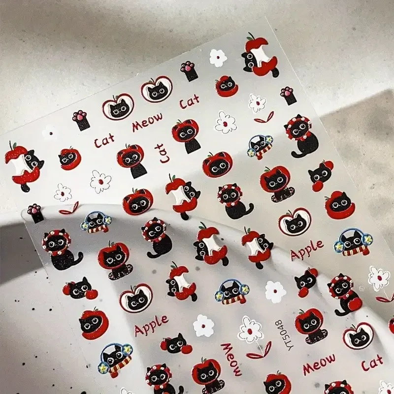 Наклейки для ногтей «Черный кот и красное яблоко» — кавайные глянцевые наклейки для маникюра Киев - изображение 4