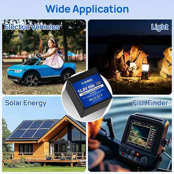 Акумулятор DCHOUSE B0CPPBKL16 12В 6А·год чорний LiFePO4 з BMS 3000+ циклів перезаряджувальний для кемпінгу, сонячних систем, Київ