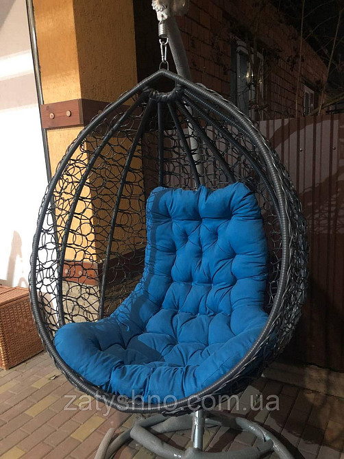 Сірий підвісне кокон-крісло з синьою подушкою Київ - фото 6