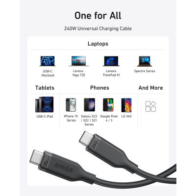 Дата кабель USB-C to USB-C 0.9m 240W 20Gbps 4K Video bio-nylon black Anker (A80N1H11) Винница - изображение 5