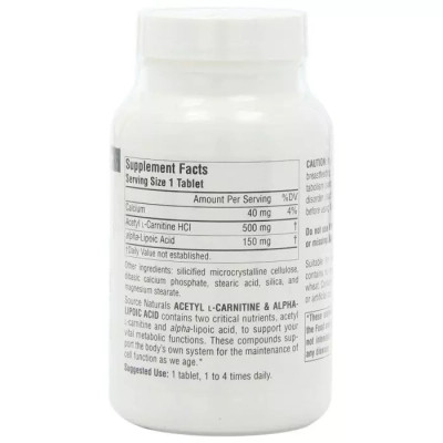 Амінокислота Source Naturals Ацетил-L-Карнітін та Альфа-Ліпоєва Кислота 650мг, 60 табл (SN1799) Вінниця - фото 2