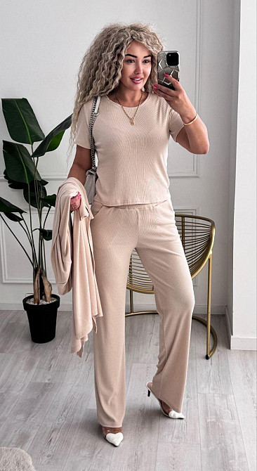 Жіночий базовий прогулянковий костюм-трійка: кардиган футболка та штани трикотажний рубчик Кремовий, 46/48 Одеса - фото 5