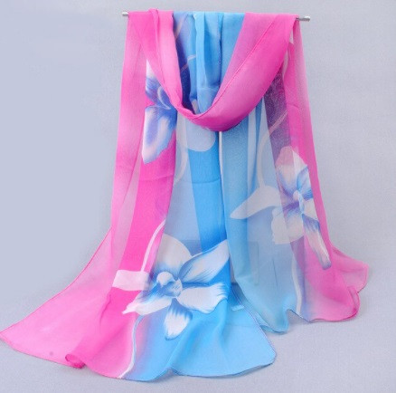 Женский шарф с цветами, розово-голубой - размер шарфика приблизительно 150*48см, шифон Киев - изображение 1