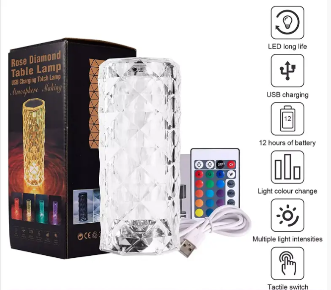 Настільна лампа Rose Diamond з 16 кольорами, пультом ДУ, автономною роботою до 12 годин Одеса - фото 1