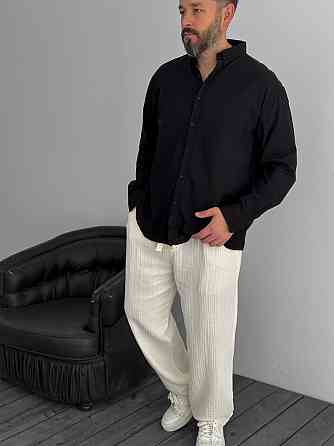 Мужская льняная рубашка оверсайз с длинным рукавом летняя Черная XXL Одесса