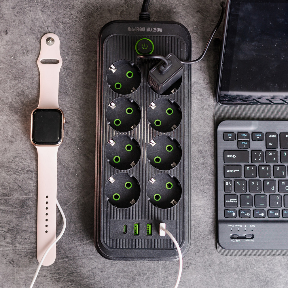 Сетевой фильтр 2.8 м удлинитель на 8 розеток с 3 USB 1 Type-C и кнопкой отключения F20U Черный HP-5-28 Киев - изображение 2