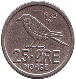 Птица. Монета 25 эре. 1958-73 год, Норвегия.(БД) Полтава - изображение 1