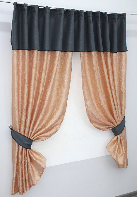 Кухонні штори VR-Textil № 073к з ламбрекеном і підхватами персиковий з сіро-синім 290х170 см (52-0149) Київ - фото 2