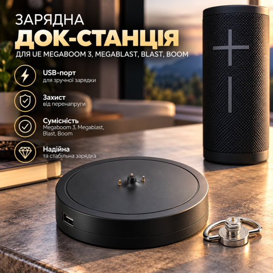 Зарядна док-станція для UE Megaboom 3, Megablast, Blast, Boom з USB-портом, захистом від перенапруги, чорна Київ