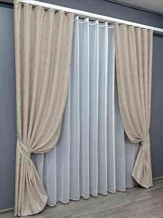 Комплект штор VR-Textil Лен Мрамор 150х270 2шт и Тюль 500х270 1767ш-1276т Бежевый с белым 71-019/4 Киев