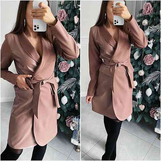 Жіноча стильна сукня-піджак із поясом костюмна тканина + екошкіра Моко, 42/44 Одеса