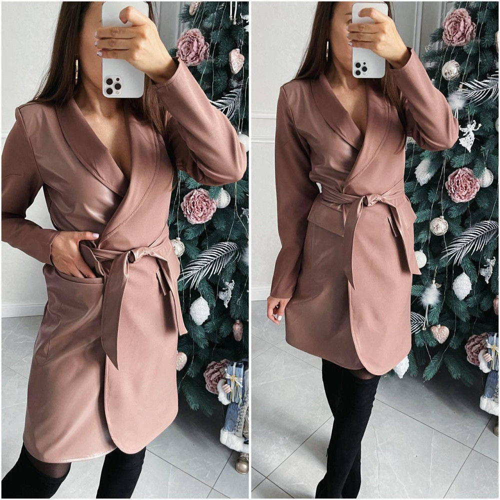 Женское стильное платье-пиджак с поясом костюмная ткань + экокожа Мокко, 42/44 Одесса - изображение 5