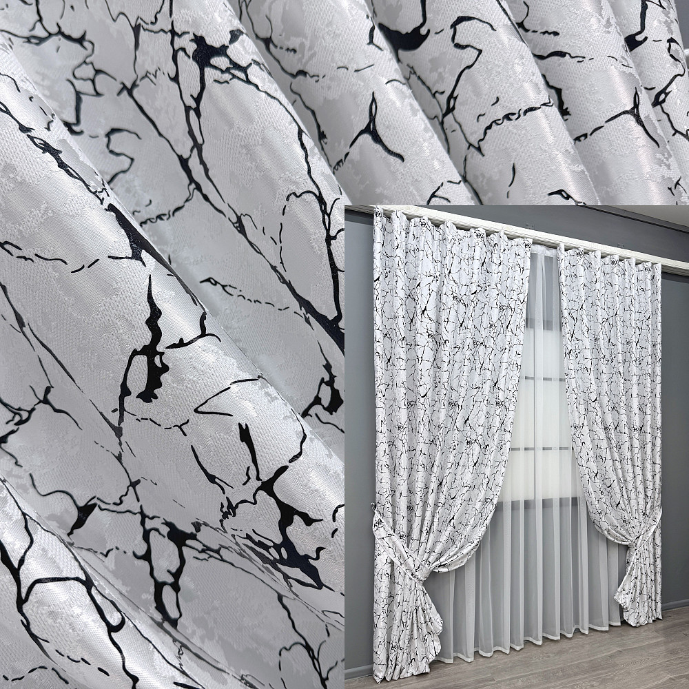 Комплект готових штор VR-Textil Льон мармур Royal Touch № 2000ш Білий з чорним 200х270 см 2 шт (32-476) Київ - фото 1