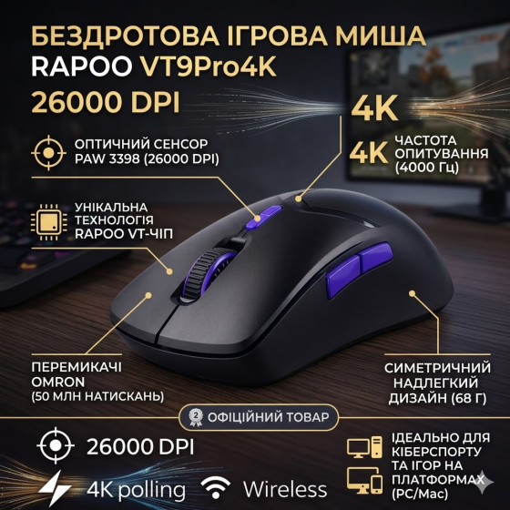 Бездротова ігрова миша RAPOO VT9Pro 4K Black: 26000 DPI, частота 4000 Гц, сенсор PAW 3398, 68г, до 180 год роботи, 10 кнопок Київ