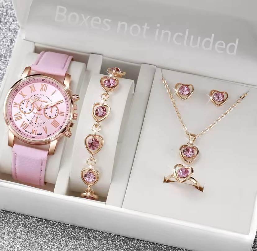 Подарочный набор для женщин Сердце наручные часы браслет ожерелье кольцо серьги без подарочной коробки розовый Киев - изображение 1