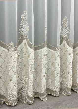Тюль бамбук с вышивкой и бархатом цвет айвори с бежевым 1813т Киев