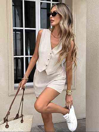 Женский базовый летний костюм двойка: жилет и шорты лен жатка 44/46, Бежевый Одесса