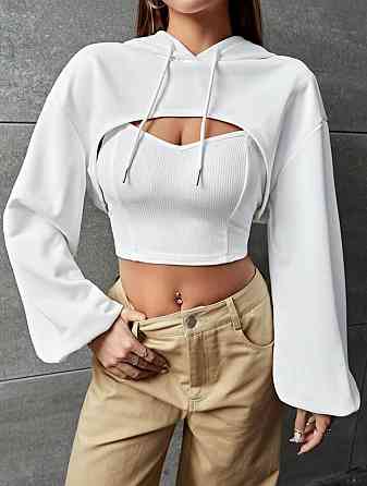 Жіночий стильний комплект оверсайз: топ і накидка з капюшоном двонитка + рубчик Білий Одеса